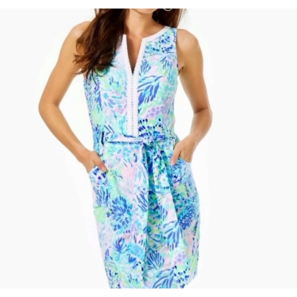 Lilly Pulitzer Dress Womens Harper Shift Blue Green High Tide Print Size 2